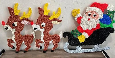 Vintage Christmas Decoration Melted Plastic Popcorn Santa W Sleigh & 2 Reindeers • $145