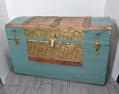 Antique Victorian Dome Top Steamer Trunk Chest Metal/Wood Slats Embossed Tin • $247.50