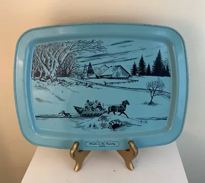 Vintage  Winter In The Country 1800's   Metal 14.5  Blue Serving Tray Platter • $11.99