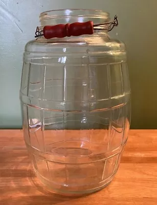 Vintage Large Clear Glass Barrel Pickle Jar With Wire Bail & Red Wood Handle 13  • $40