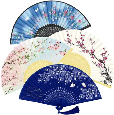 Folding Fan - 4 PCS Chinese Fan Hand Fans For Women Foldable Silk Bamboo • $18.99