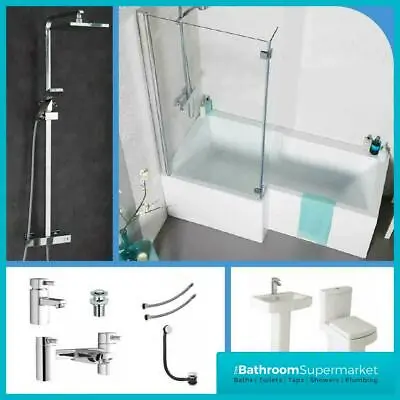 L Shaped Bathroom Suite 1500mm 1700mm Bath Basin Toilet Taps & Shower • £649.95