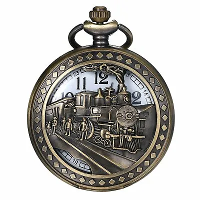 Retro Bronze Antique Train Pattern Analog Quartz Pocket Watch Necklace Pendant • $9.49