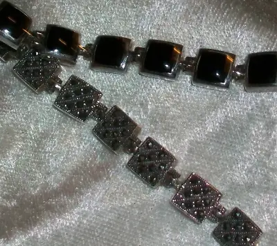 Black Onyx Reversible Art Deco Marcasite Square Link 925 Silver Bracelet 7 Inch • $54.40