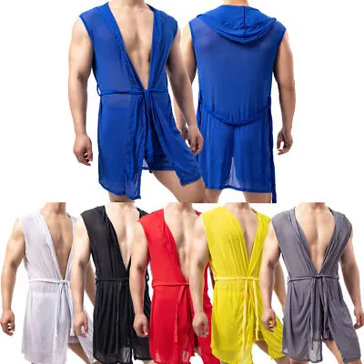 Men's Summer Mesh Bathrobe Hooded Sleeveless Bathrobes Pajamas Male Bathing Gown • $17.79