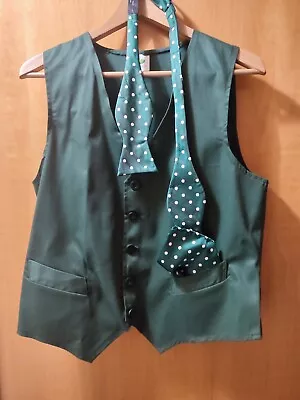 Green Waistcoat With Polka Dot Bow Tie And Handkerchief Small • £2
