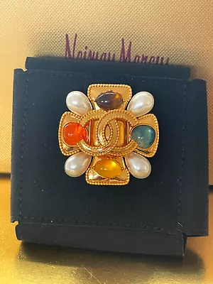 Multicolor Gemstones Cross Chanel Brooch Gold Pearls • $595