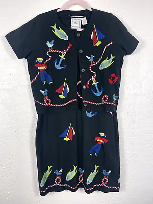Michael Simon Lite Nautical Embroidered Dress & Cardigan Set Black Small Sea • $49.84
