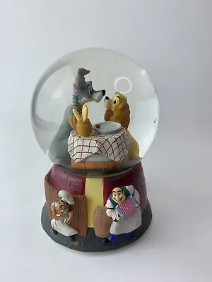 Disney Lady & The Tramp Kiss Snow Globe Restaurant Enesco Music Box Bella Notte  • $84.68