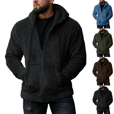 Mens Winter Warm Faux Fur Zip Hooded Coat Casual Hoodies Outwear Outdoor Tops • £18.99