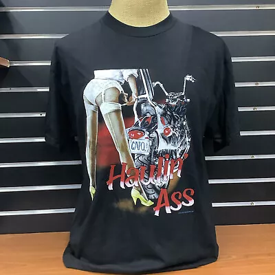Haulin' Ass - Black Cotton Biker T-Shirt - Motorcycle & Sexy Babe Graphic- Men's • $14.95