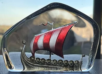 Mats Jonasson Crystal Viking Ship Paperweight Hand Painted Signed Medium • £59.99