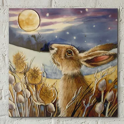 Ceramic Picture Tile  MOONGAZING HARE  By Judith Yates Wall Art 8  X 8  Boxed • £27.95