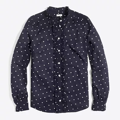 J. CREW Womens SMALL Navy Polka Dot Ruffle-Front Button-Up BLOUSE H1079 EUC • $19.99