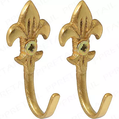 £3.69 • Buy 2x Small Brass Curtain Tie Backs+Screws FLEUR DE LYS Tassel/Rope/Sash Ring Hook