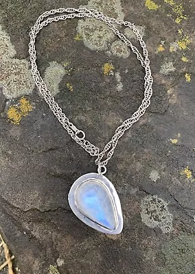 Vintage Style Artisan Rainbow Moonstone Sterling Silver Pendant Necklace 20” • $32