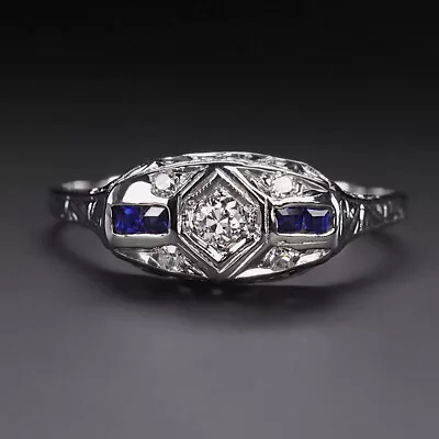 ART DECO DIAMOND SAPPHIRE ENGAGEMENT RING VINTAGE 18K WHITE GOLD FILIGREE 1920s • $479