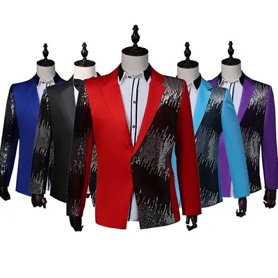 Mens Shiny Sequins One Button Notch Lapel V Neck Suits Jacket Stage Costume Coat • $45.59