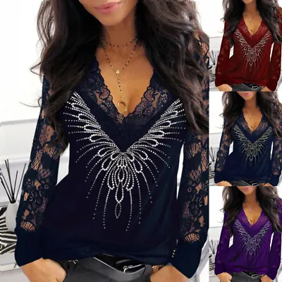 £7.99 • Buy Womens Lace Tops Long Sleeve Ladies Casual Blouse T-Shirt Plus Size Pullover