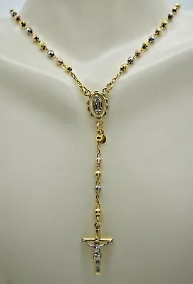 $309 • Buy 10k Solid Yellow Gold Colored Beads Rosary Virgin Mary Jesus Cross Necklace 17 