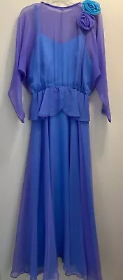 Vintage 1970s Alyce Designs Teal Purple Full Length Formal Dress Size 12 Chiffon • $69