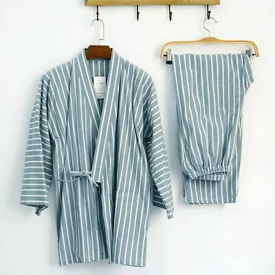 Men Japanese Kimono Pajama Sets Long Pants Striped Cotton Sleep Nightwear Casual • $34.04