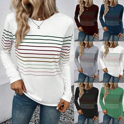 Ladies Long Sleeve Striped Blouse Casual Loose T-Shirt Tops Basic Tee Pullover • £8.32