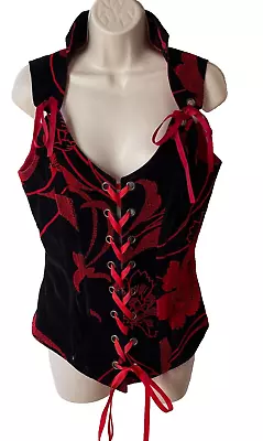 Von Lancelot Corset Top XS* Collared Laced Black Red Velvet Cosplay Pirate Goth • $46