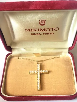Mikimoto 14kt Karat Yellow Gold Pearl Cross Pendent In Original Box 18  Chain • $599