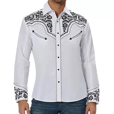 Mens Western Cowboy Shirt Long Sleeve Retro Printing Casual Buttons Down Shirt • £15.47