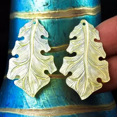 Golden Mother-of-Pearl Shell Carving Oak Tree Leaf Earring Pair Handmade 3.59 G • $26