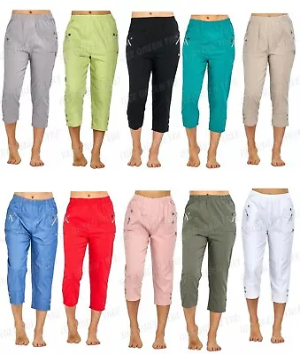 Ladies Women Cropped Trousers Stretchy Summer Cotton Capri Plus Size 10 To 24  • £12.99