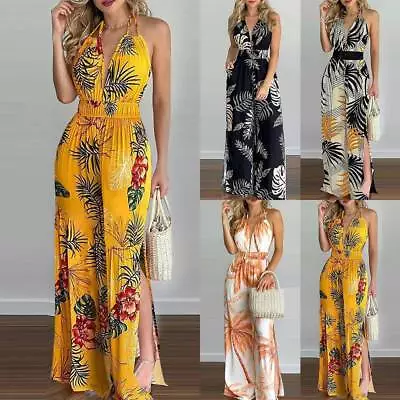 Womens Boho Floral V Neck Jumpsuit Summer Holiday Sleeveless Playsuit Rompers • £7.89