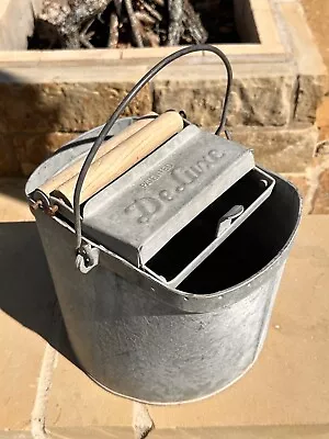 Vintage De Luxe Galvanized Metal Mop Bucket W/ Wood Roller & Handle Primitave • $44