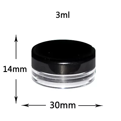 3ml / 3gm PLASTIC SAMPLE BLACK LID JARS POT GLITTER CREAM NAIL ART TRAVEL  Jgb • £1.55