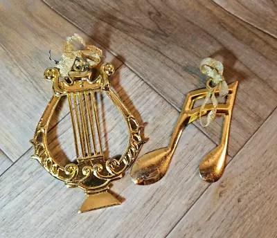 2 Brass Metal Holiday Christmas Ornaments Musical Note & String Instrument • $6