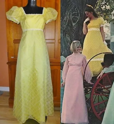 Vtg 70s Organza Chiffon Yellow Polka Dot Empire Prairie Wedding Maxi DRESS GOWN • $110