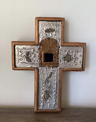 Vintage MEXICAN EL MILAGRO Wood Healing CROSS Metal Art Work SACRED HEART • $55