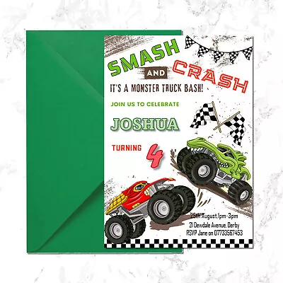 Personalised Birthday Party Invitations Boys Invites Monster Truck B14 • £0.99