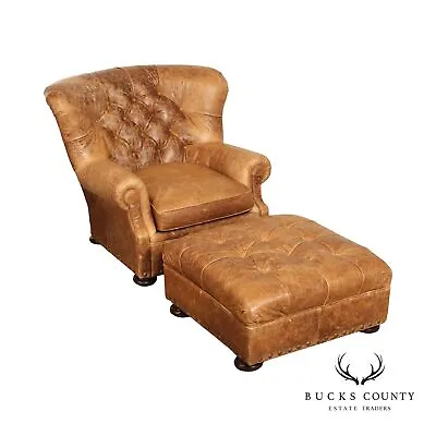 Quality Tufted Leather Writer's Club Chair And Ottoman • $2995