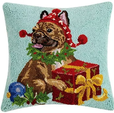 $76.99 • Buy Peking Handicraft Festive Brindle French Bulldog Wool Hooked Dog  Pillow - 16 