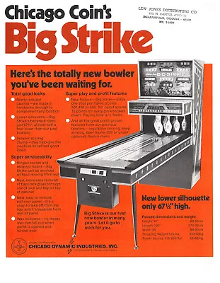 Big Strike By Chicago Coin Shuffle Alley Bowling Arcade Flyer / Brochure / Ad • $9.95