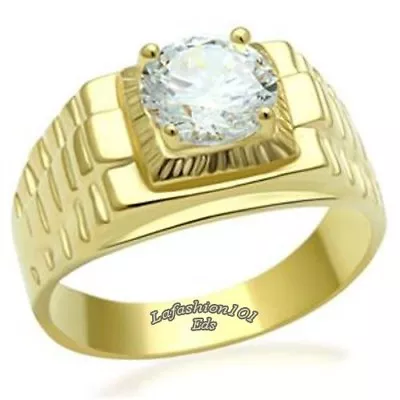 Mens Gold IP 8x8mm Round CZ Prong Set Center Wedding Engagement Ring • $9.88