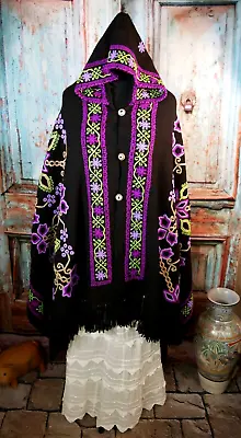 Hooded Poncho Serape Handwoven Hand Embroidered Mazahua Indigenous Mexican Folk • $275