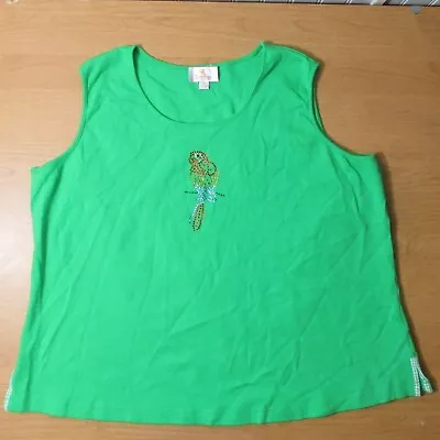 Quaker Factory Size 2X Sleeveless Tank Top Tunic Rhinestone Parrot Green Knit EC • $29.95