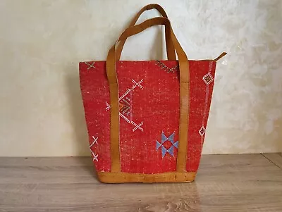 Moroccan Handmade Cactus Silk Sabra And Leather Washed Red Tote Boho Bag • $130