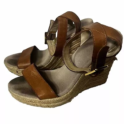 Michael Kors Heels Leather Sandals Size 8.5 Wedge Espadrille Brown Tan • $37