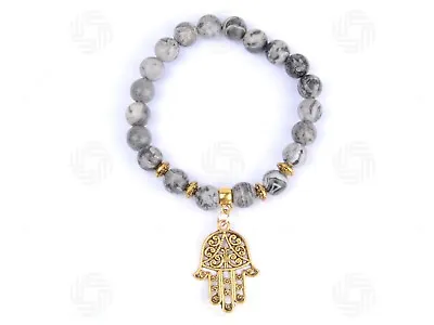 Grey Hamsa Stone Bracelet Beads Hand Of Fatima Luck Reiki Evil Eye Yoga Gift UK • £4.99