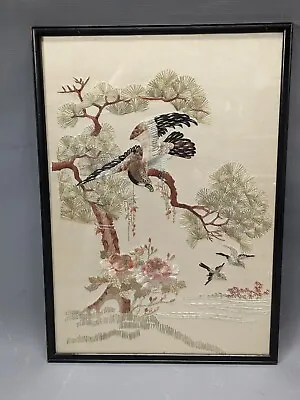 Victorian Japanese Silk Embroidery Framed Vintage Picture Birds Bonzai Asian • £34.95