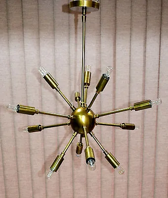 Vintage Antique Brass Mid Century 12 Arms Sputnik Pendant Chandelier Fixture • $179
